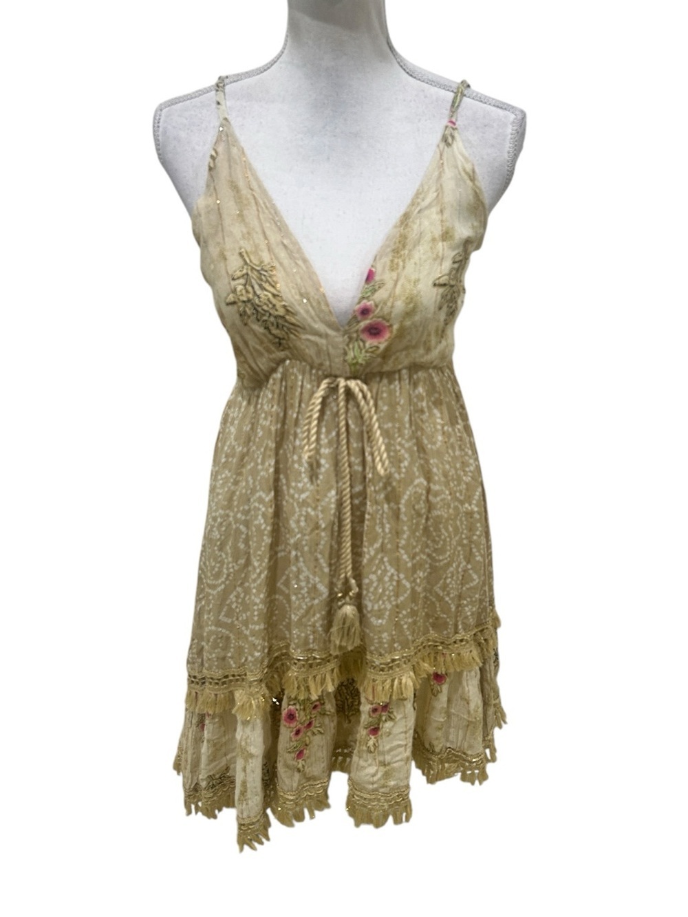 Jean & Flo v neck beige tassel fringe Embroidered crochet sundress one size